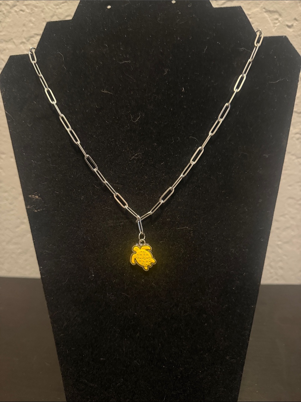 Inspired Silver Paperclip Chain Necklace with Yellow Turtle Pendant